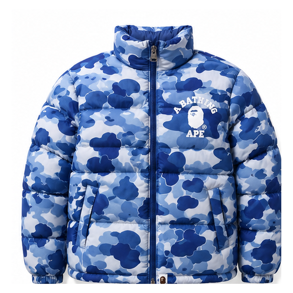 Bape camouflage-style blue and white down jacket