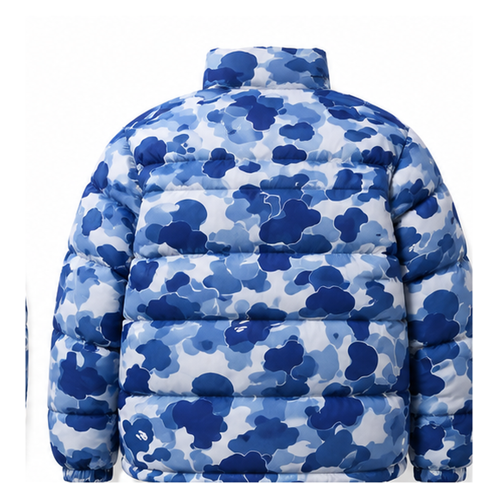 Bape camouflage-style blue and white down jacket