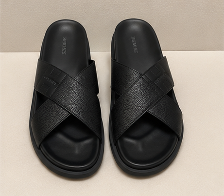 Hermès Cross-Strap Light Luxury Style Black Slide Sandals