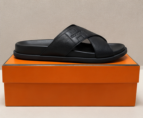 Hermès Cross-Strap Light Luxury Style Black Slide Sandals