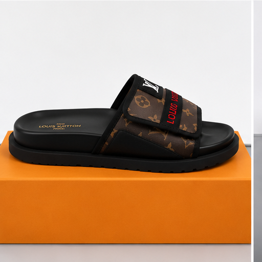 Louis Vuitton Classic Monogram Light Luxury Style Brown and Black Slide Sandals