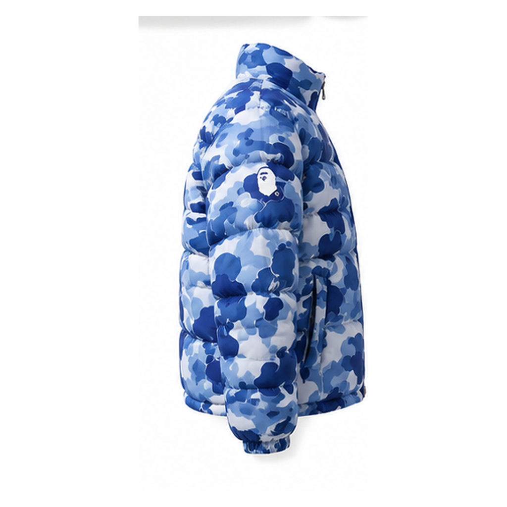 Bape camouflage-style blue and white down jacket