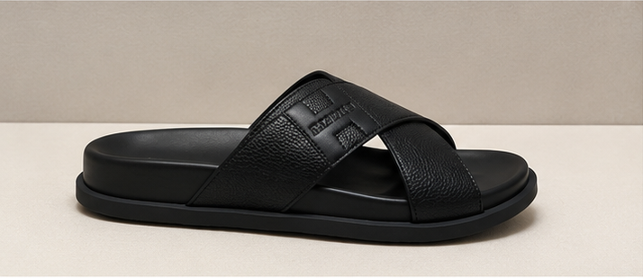 Hermès Cross-Strap Light Luxury Style Black Slide Sandals