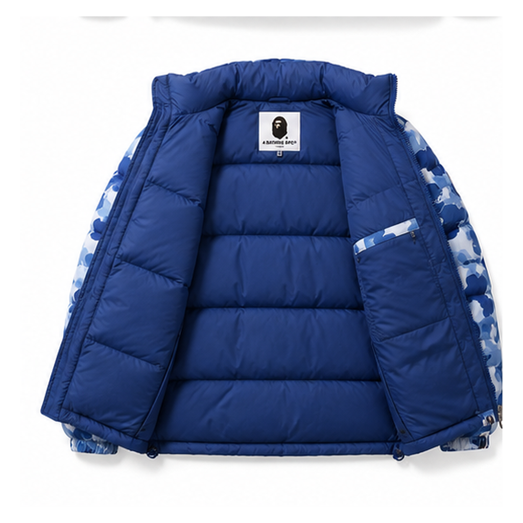 Bape camouflage-style blue and white down jacket