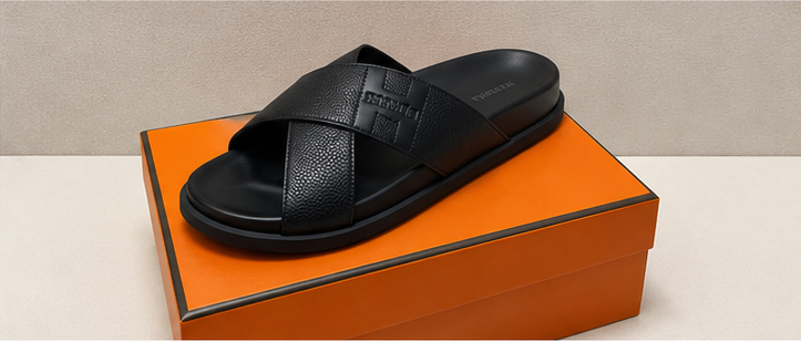 Hermès Cross-Strap Light Luxury Style Black Slide Sandals