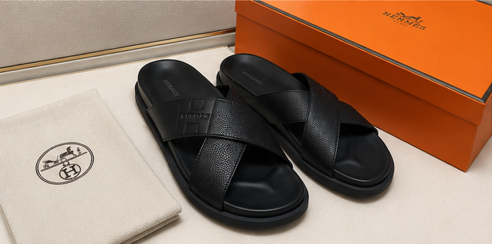 Hermès Cross-Strap Light Luxury Style Black Slide Sandals