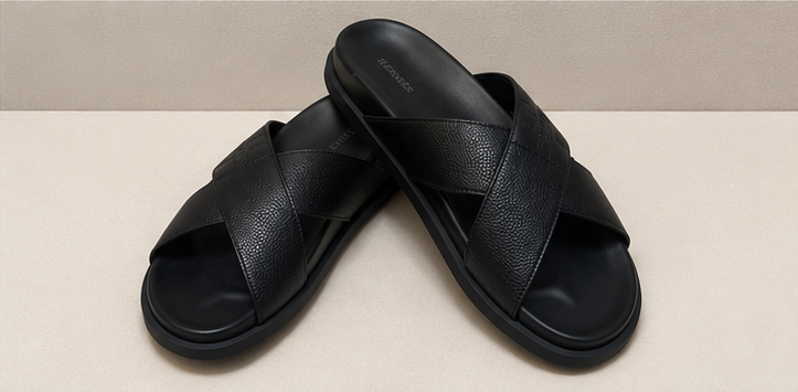 Hermès Cross-Strap Light Luxury Style Black Slide Sandals