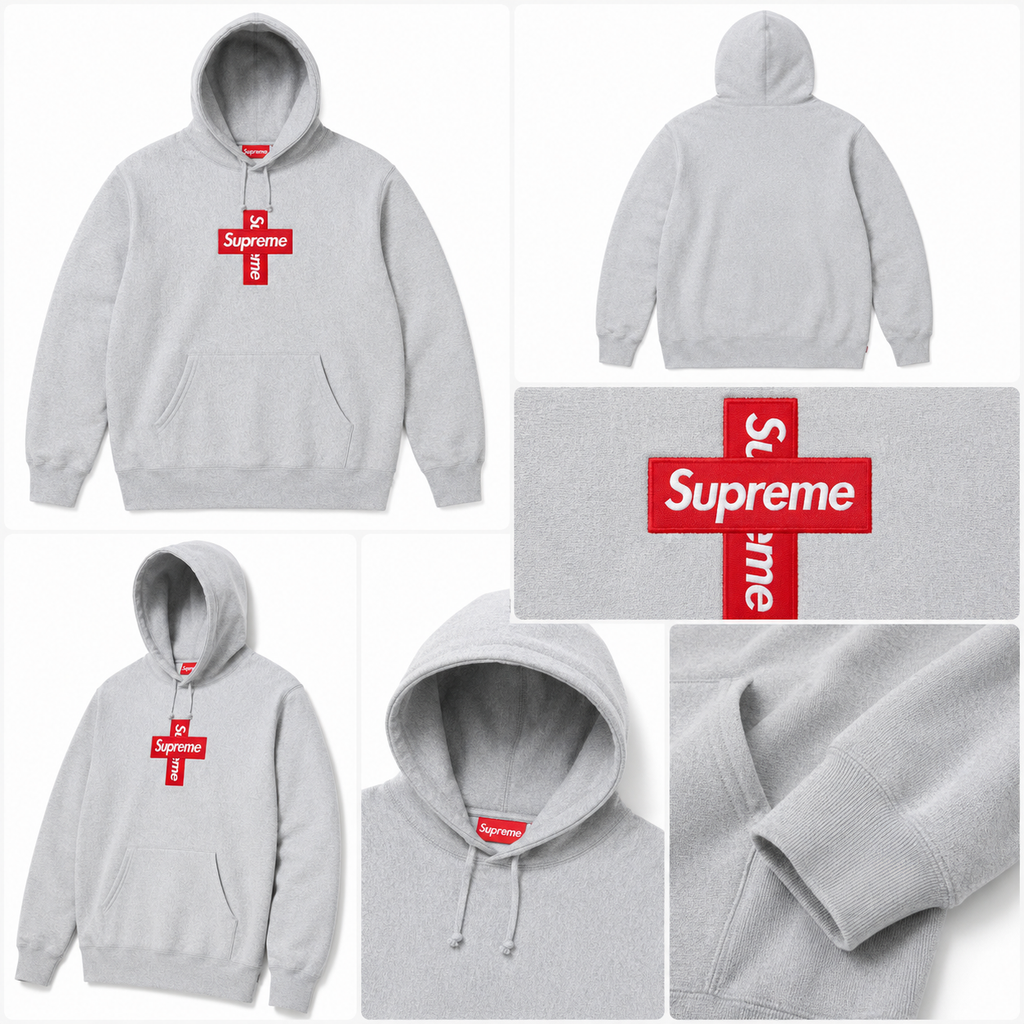 Supreme Streetwear Logo hoodie Gray Red Oversized with Logo Accent
