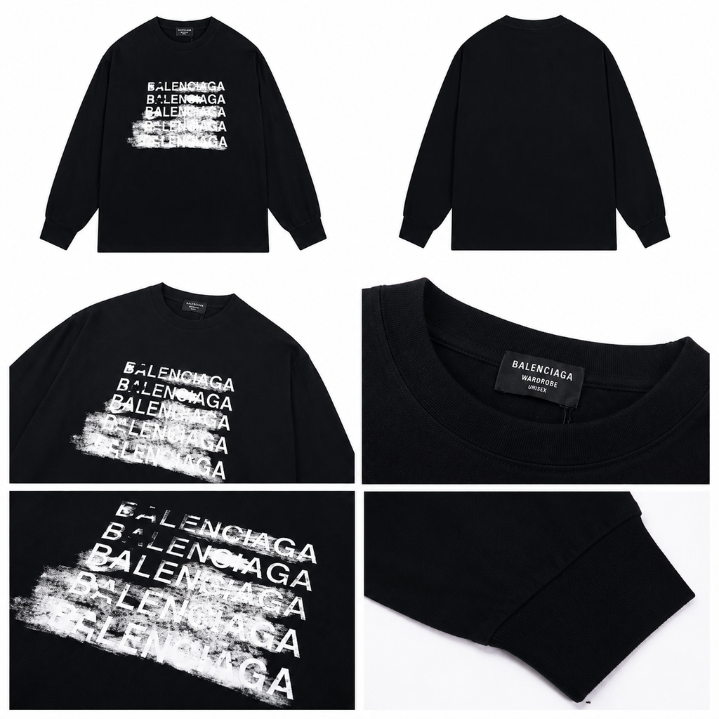 Balenciaga Black Distressed Logo Long-Sleeve Top