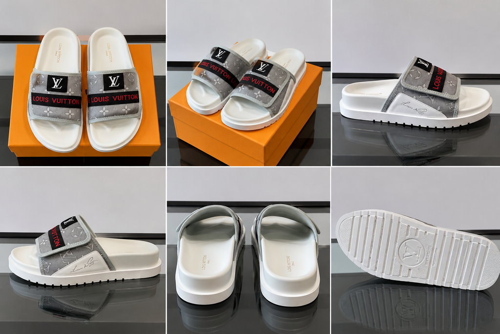 Louis Vuitton Classic Monogram Light Luxury Gray and White Slide Sandals