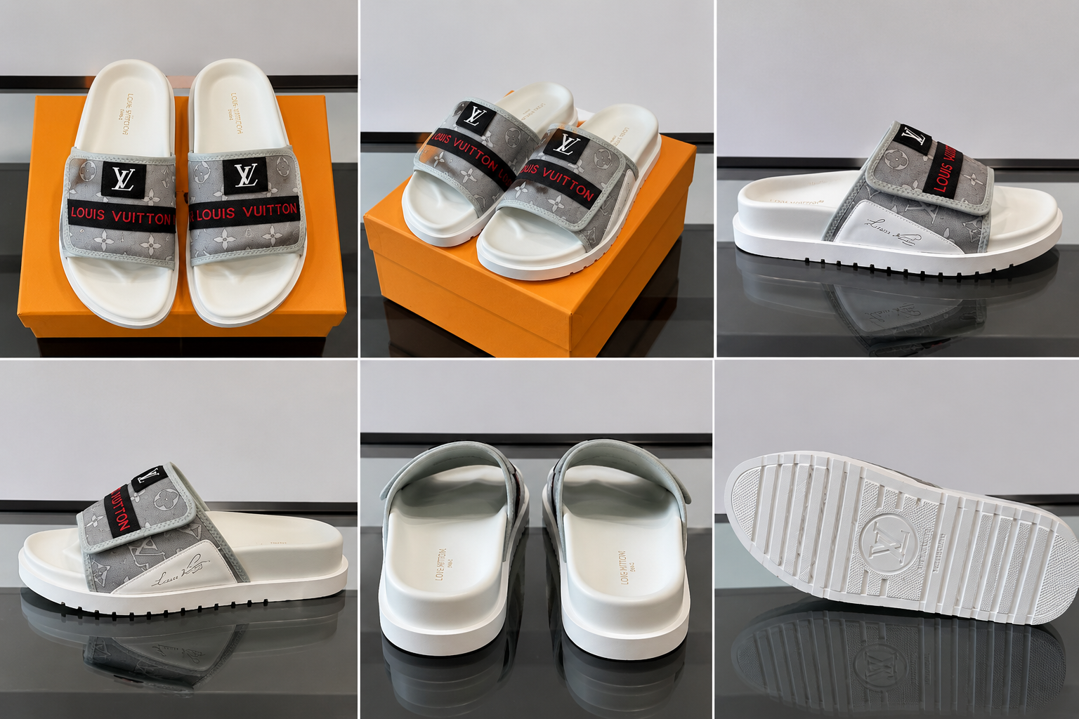 Louis Vuitton Classic Monogram Light Luxury Gray and White Slide Sandals