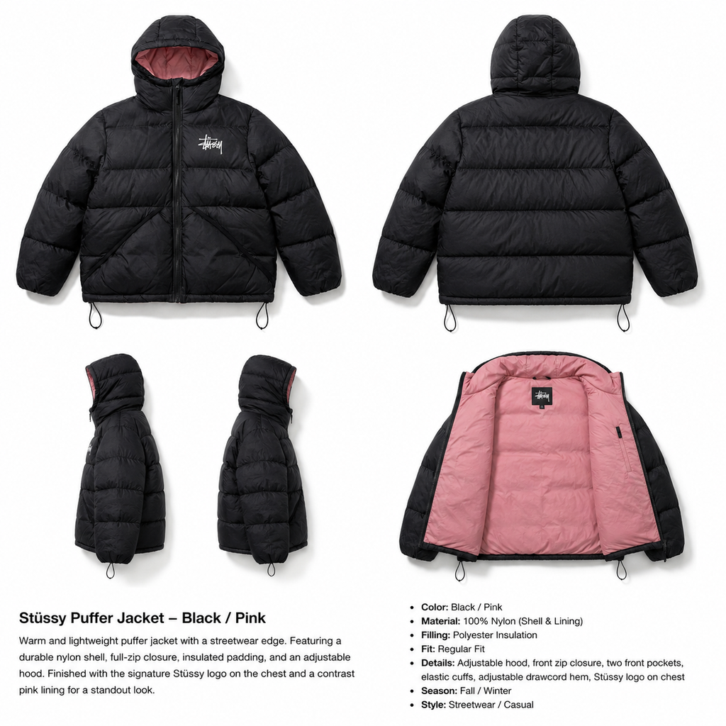 Stussy trendy and cool black down jacket