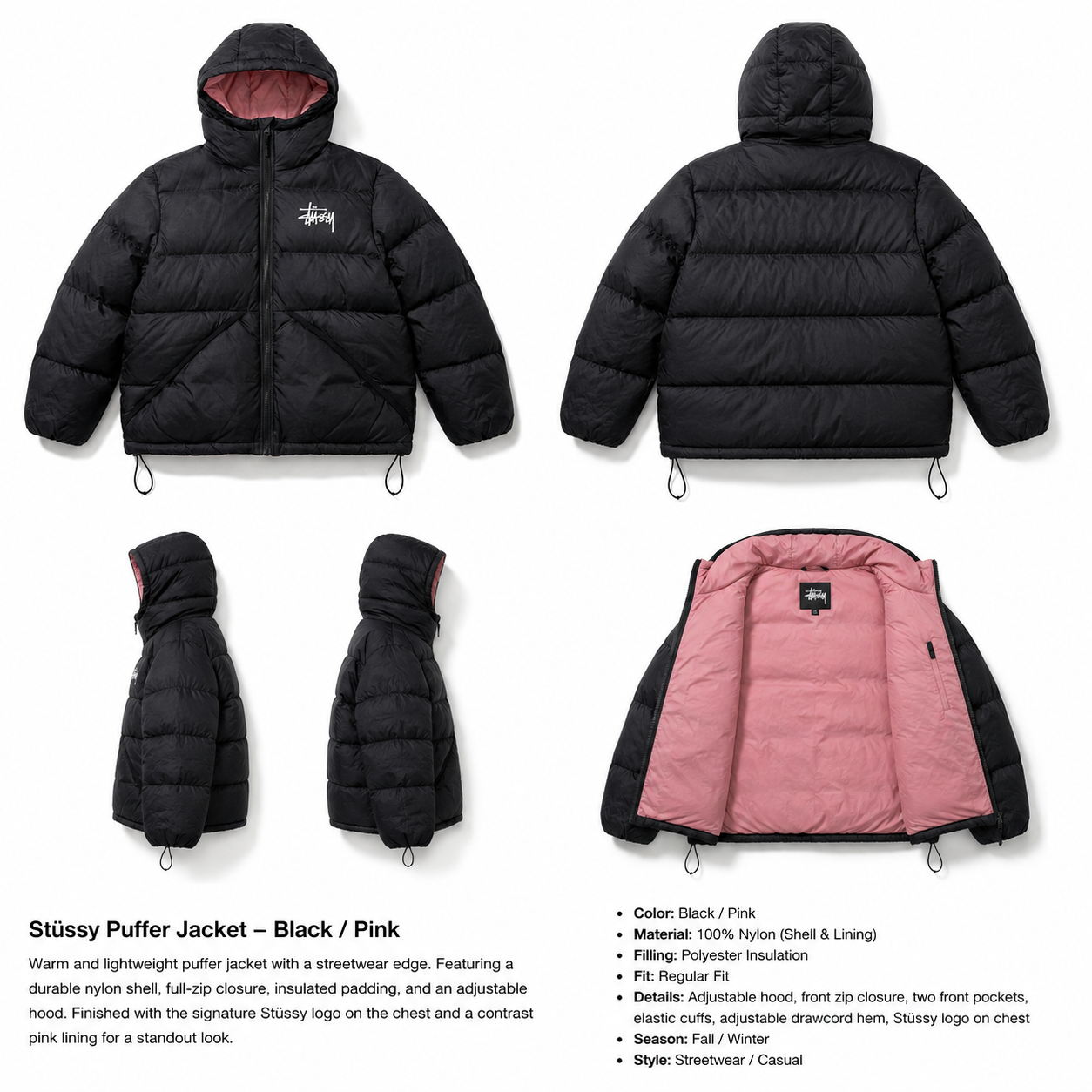 Stussy trendy and cool black down jacket