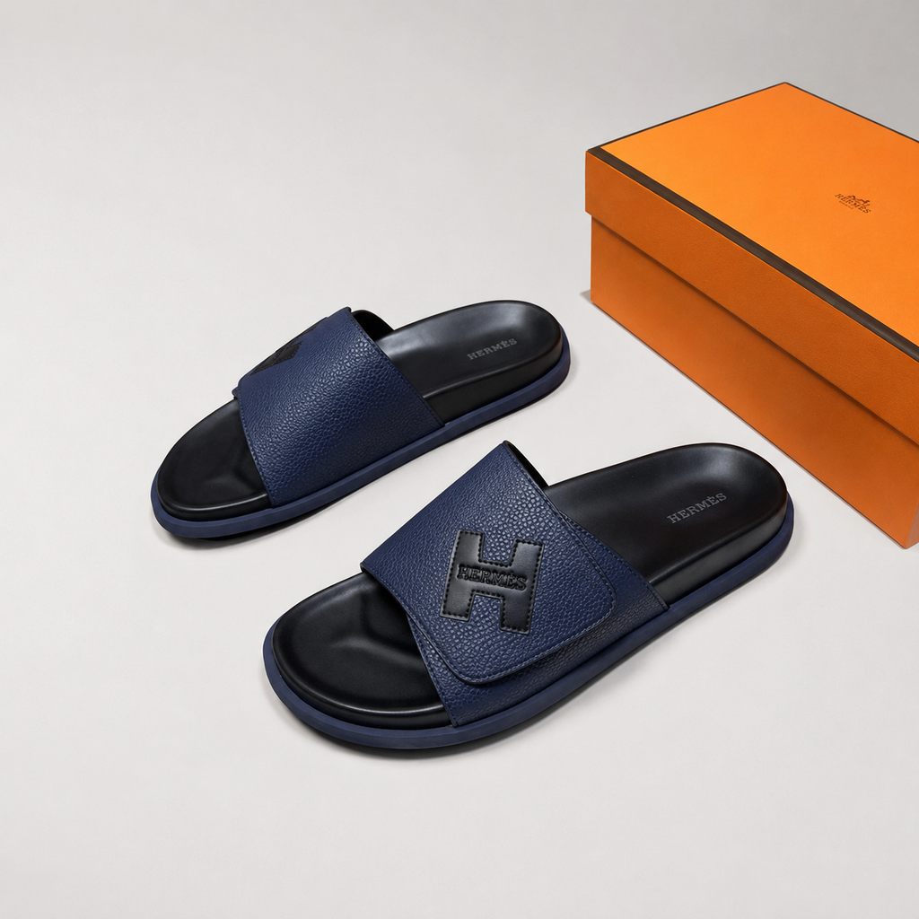 Hermès H Series Light Luxury Style Dark Blue Slides
