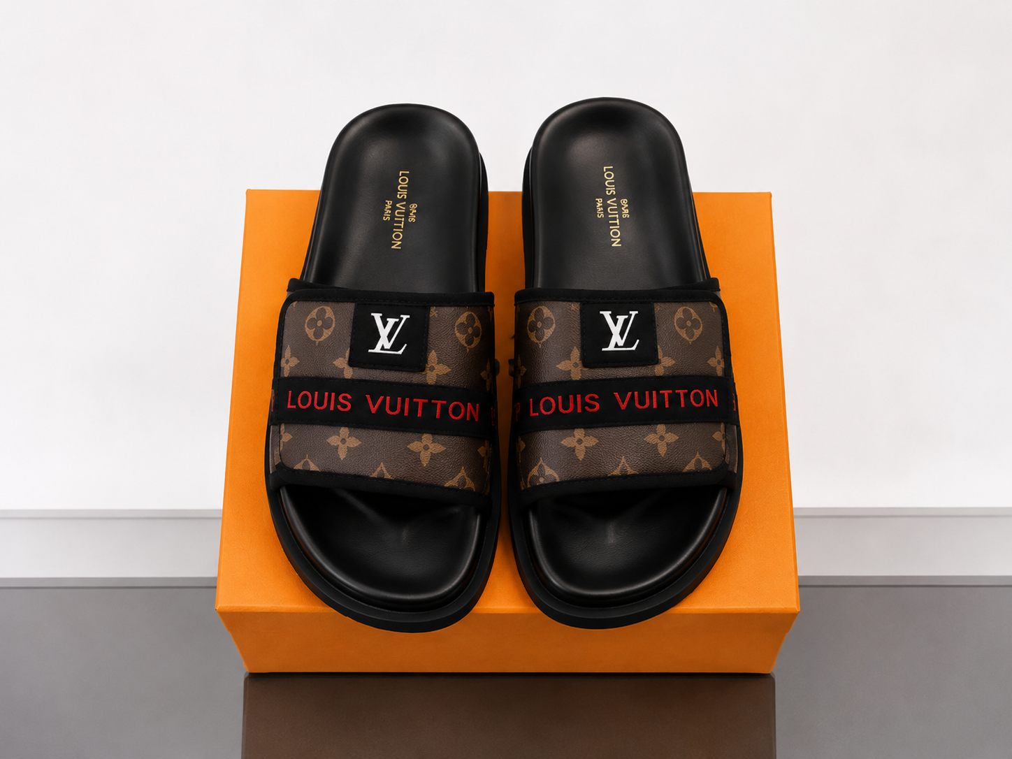 Louis Vuitton Classic Monogram Light Luxury Style Brown and Black Slide Sandals