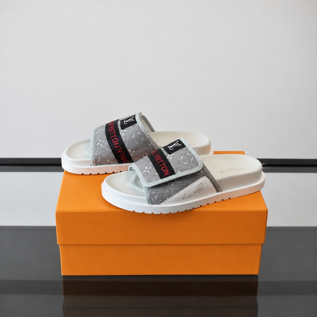 Louis Vuitton Classic Monogram Light Luxury Gray and White Slide Sandals