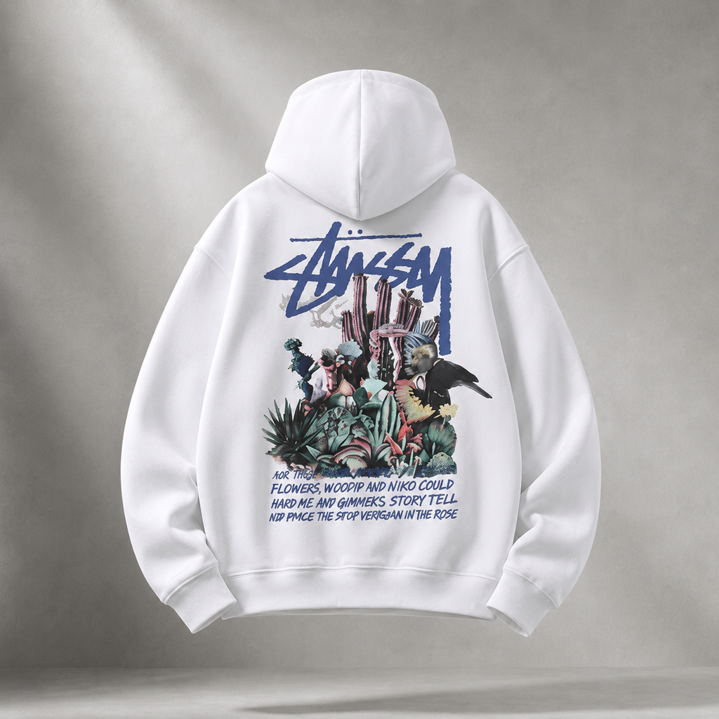 Stussy-printed trendy white hoodie