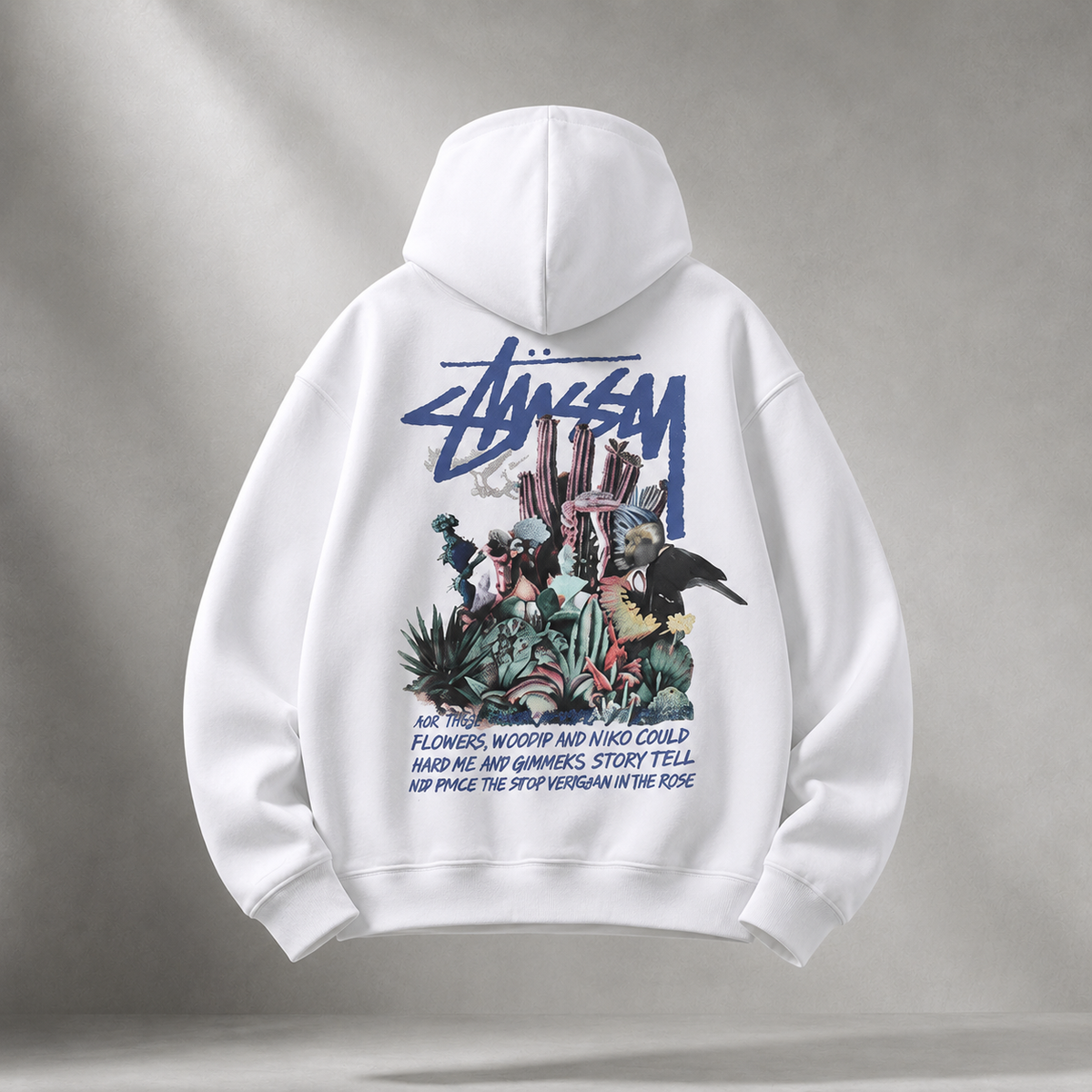 Stussy-printed trendy white hoodie