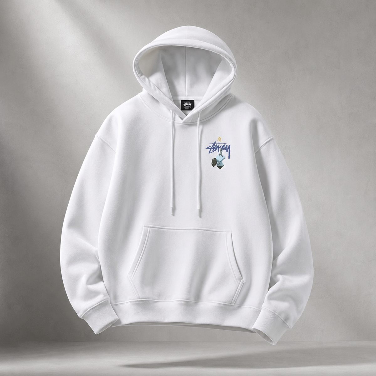 Stussy-printed trendy white hoodie