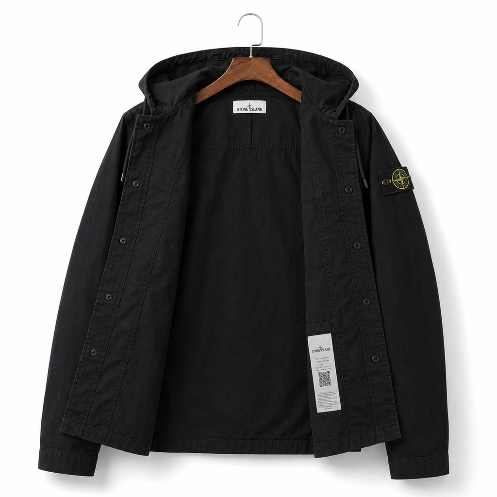 Stone Island Workwear Style Black Hooded Coat