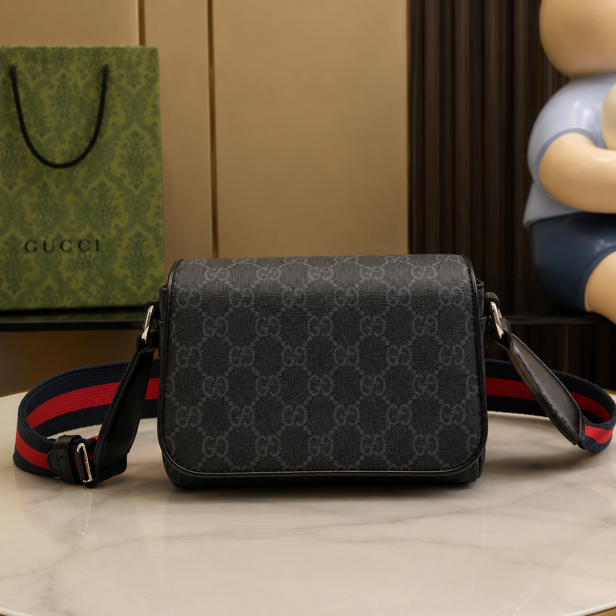 Gucci GG flap shoulder bag Black Compact Boxy Web