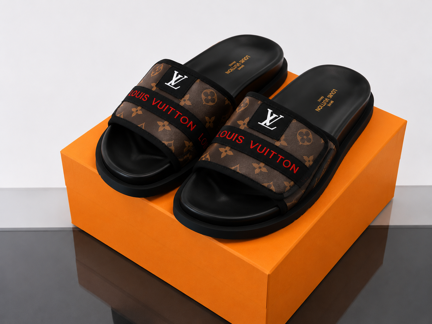 Louis Vuitton Classic Monogram Light Luxury Style Brown and Black Slide Sandals