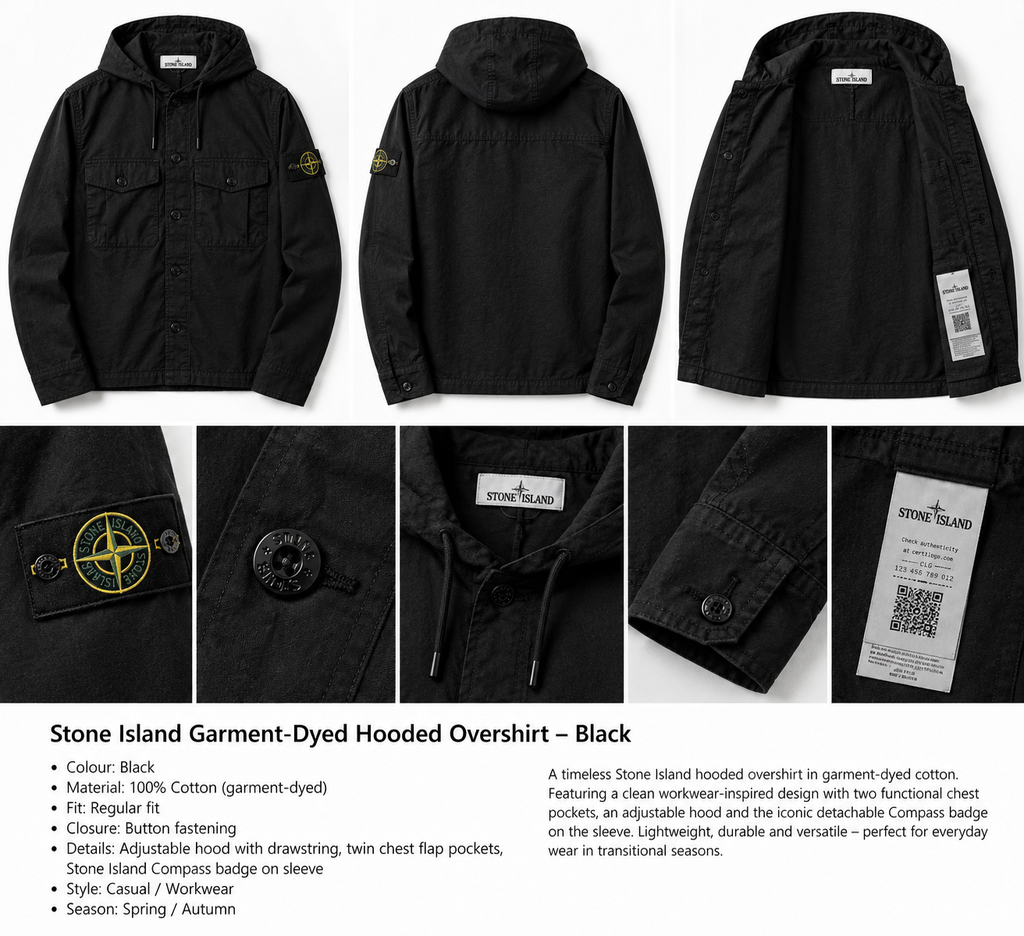 Stone Island Workwear Style Black Hooded Coat