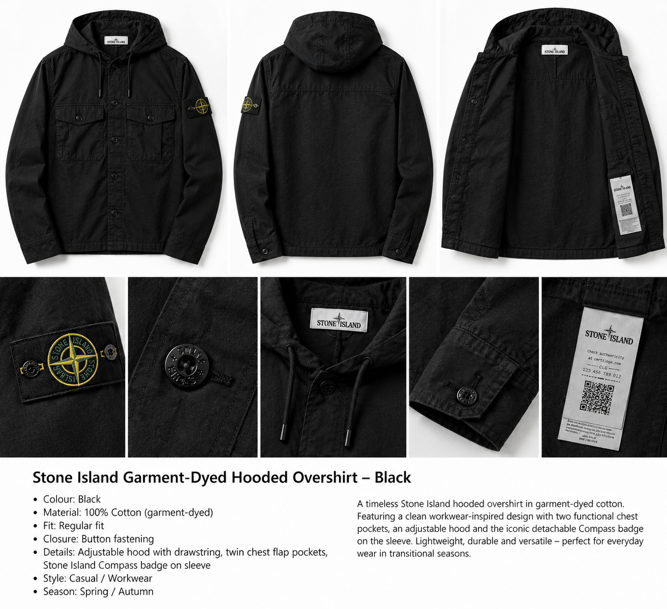 Stone Island Workwear Style Black Hooded Coat