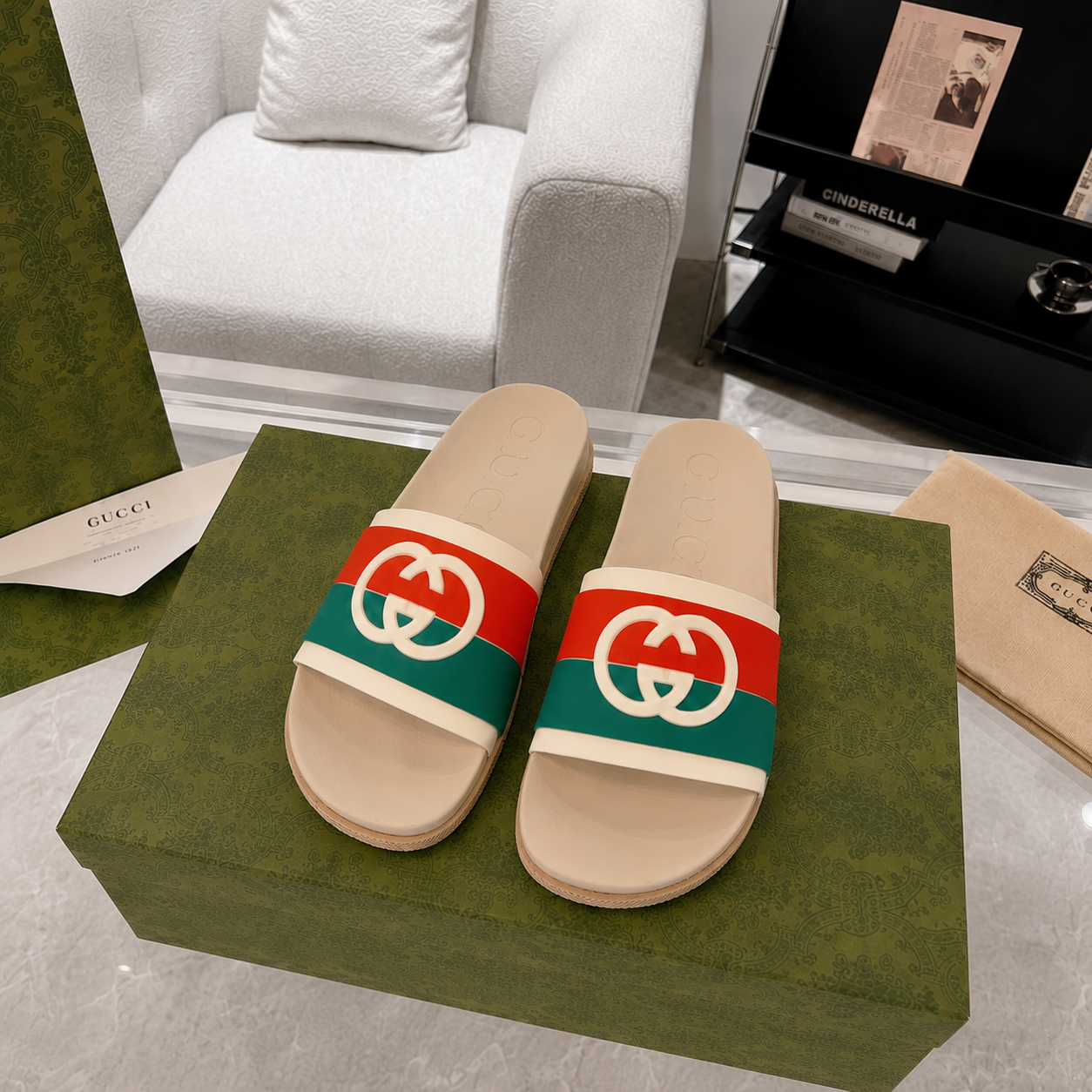 Gucci Classic Double G Vintage Red and Green Color-block Slide Sandals