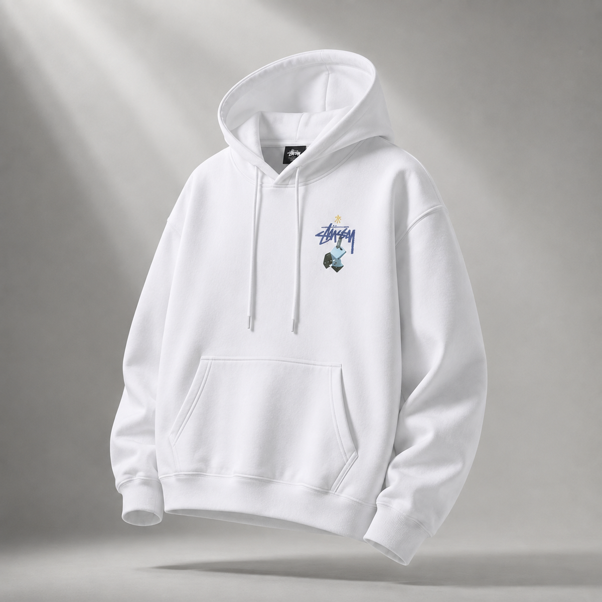 Stussy-printed trendy white hoodie