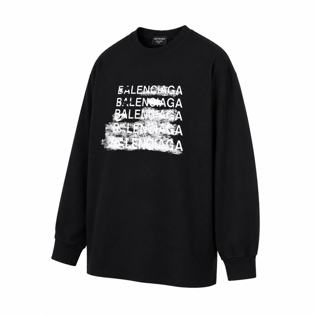 Balenciaga Black Distressed Logo Long-Sleeve Top