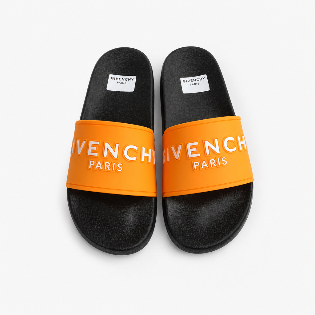 Givenchy Embossed Letters Trendy Cool Orange & Black Slide Sandals