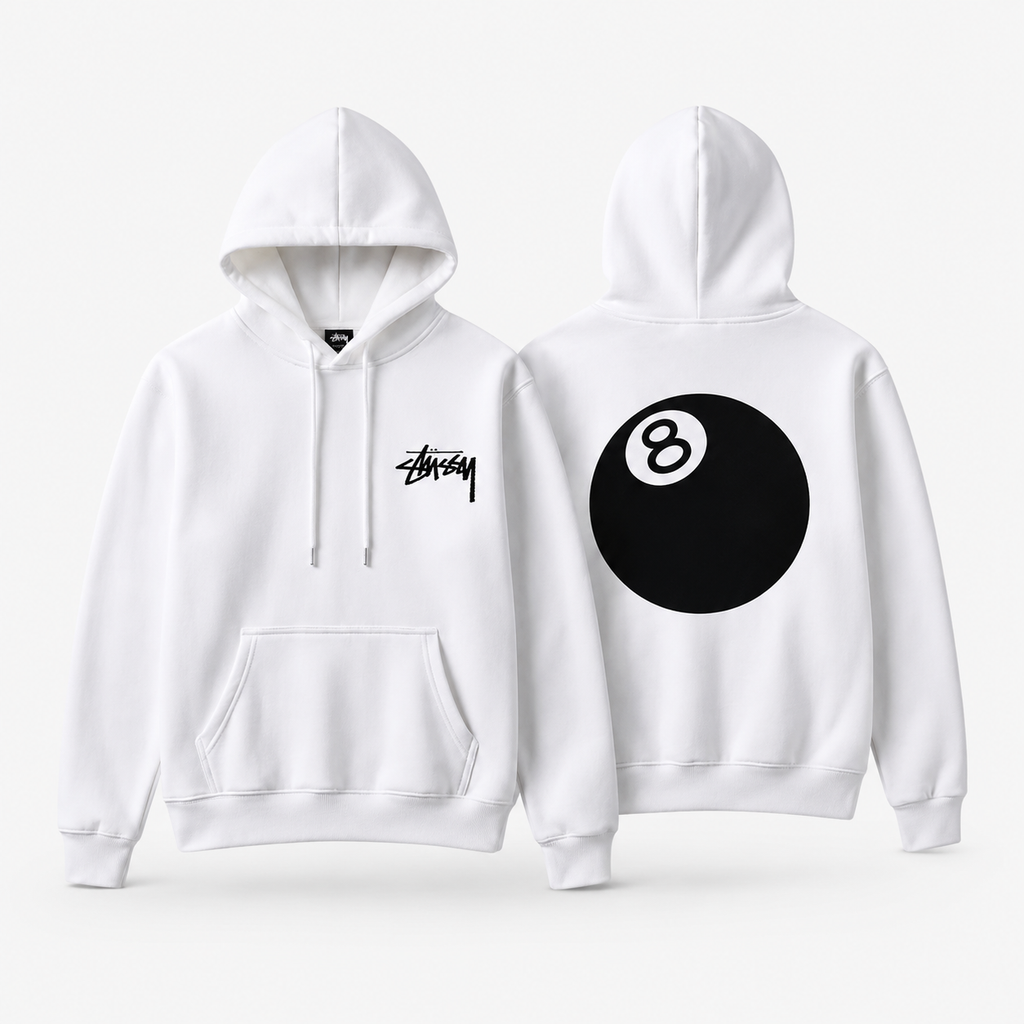 Stussy No.8 Ball Style White Hoodie