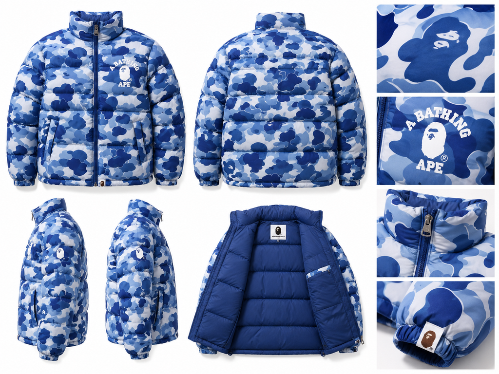 Bape camouflage-style blue and white down jacket