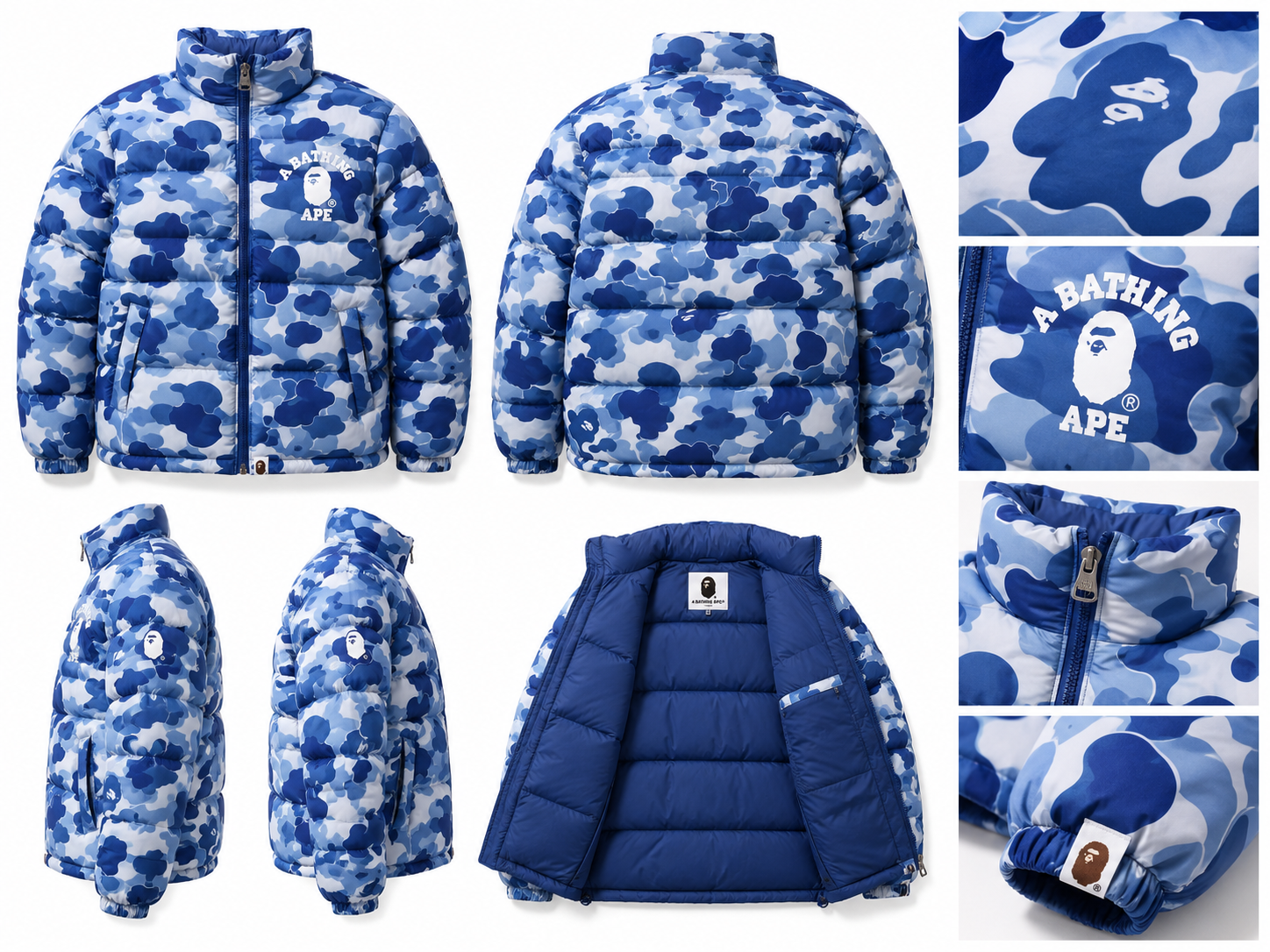 Bape camouflage-style blue and white down jacket