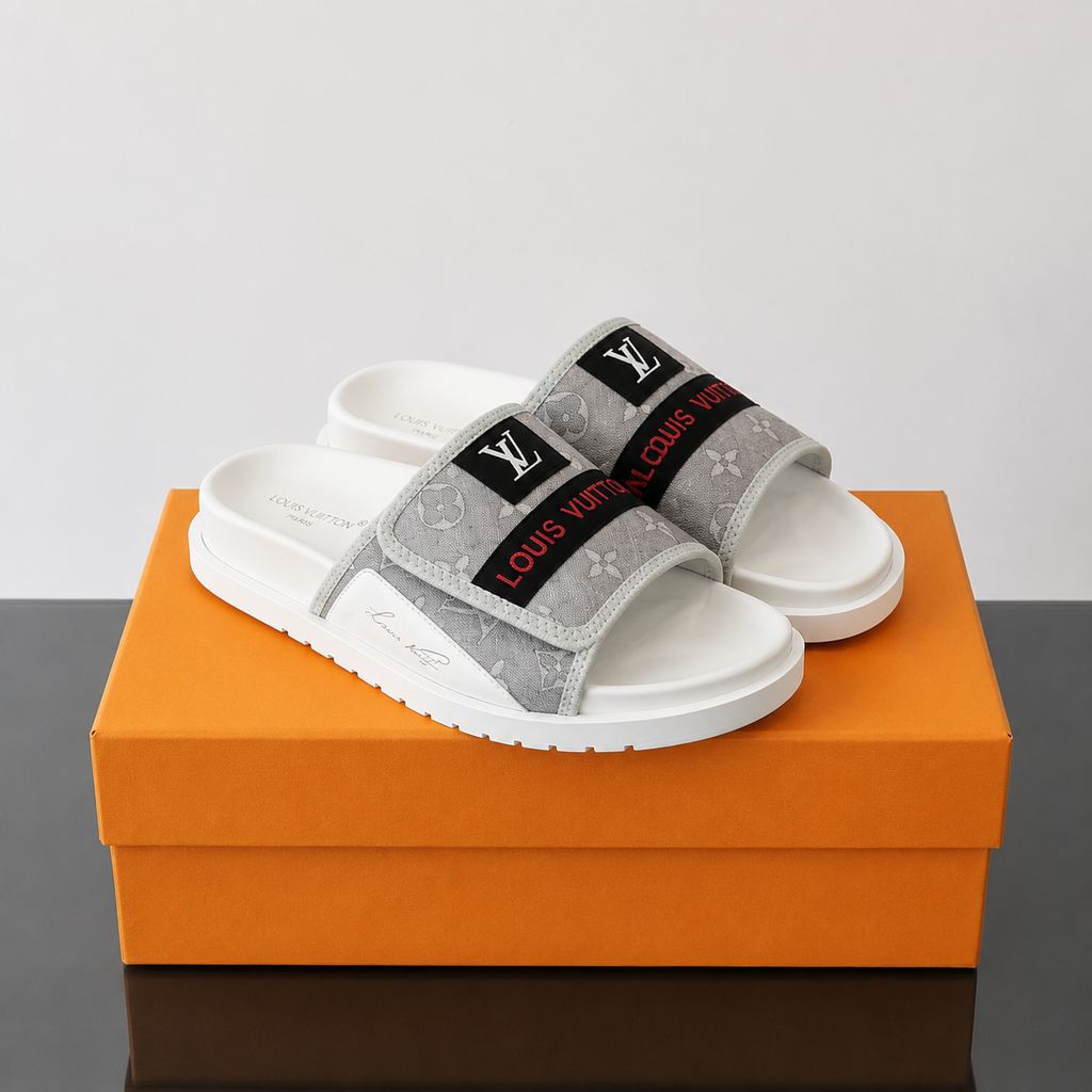 Louis Vuitton Classic Monogram Light Luxury Gray and White Slide Sandals