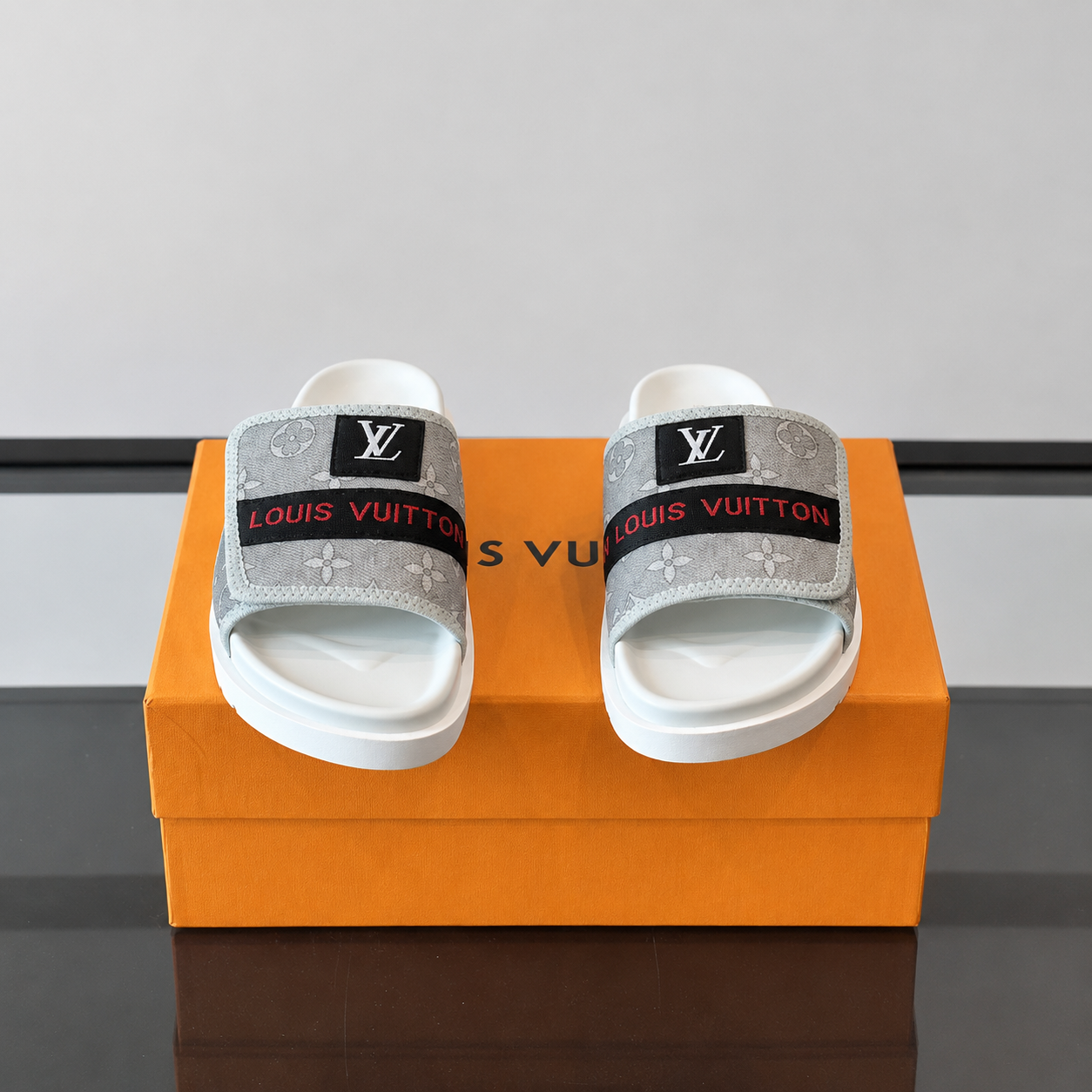 Louis Vuitton Classic Monogram Light Luxury Gray and White Slide Sandals