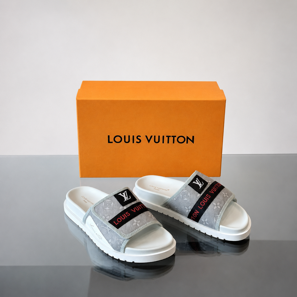 Louis Vuitton Classic Monogram Light Luxury Gray and White Slide Sandals