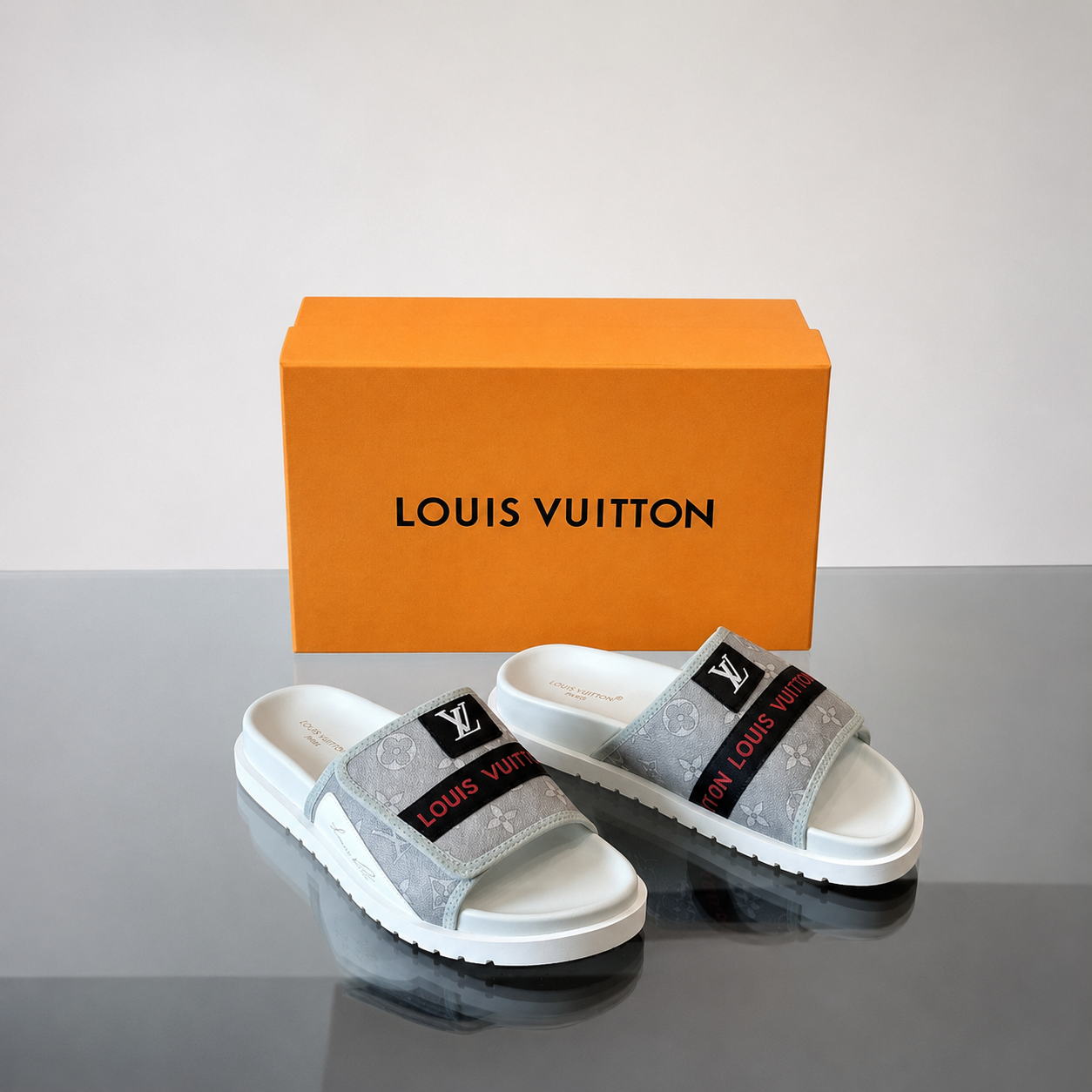 Louis Vuitton Classic Monogram Light Luxury Gray and White Slide Sandals