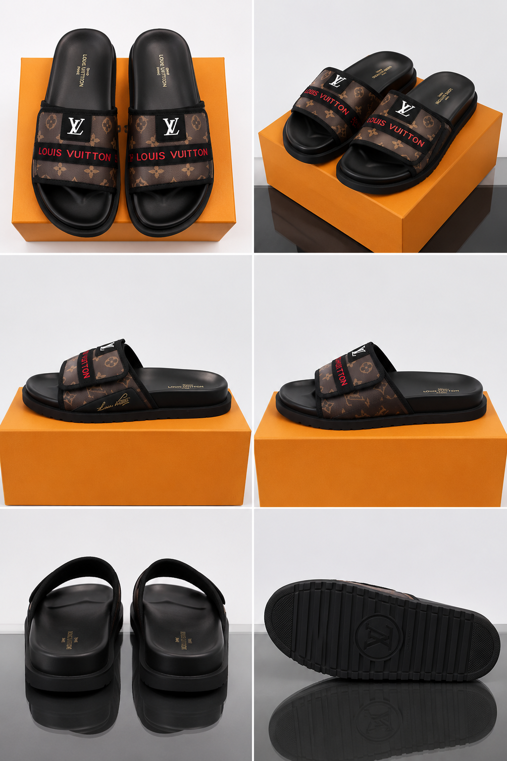 Louis Vuitton Classic Monogram Light Luxury Style Brown and Black Slide Sandals