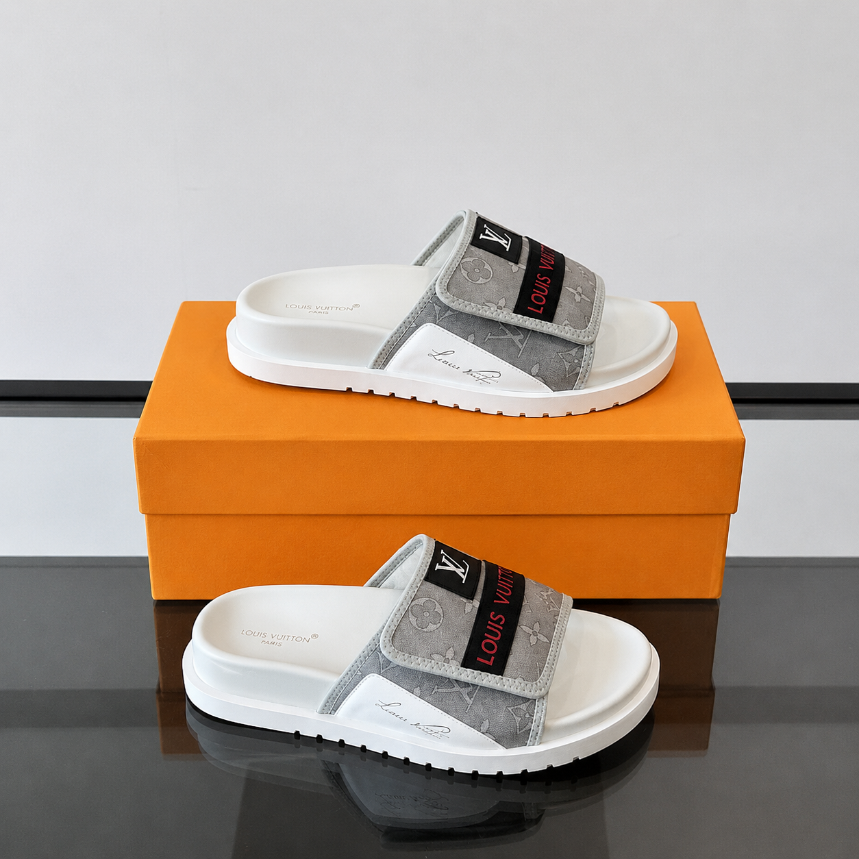 Louis Vuitton Classic Monogram Light Luxury Gray and White Slide Sandals
