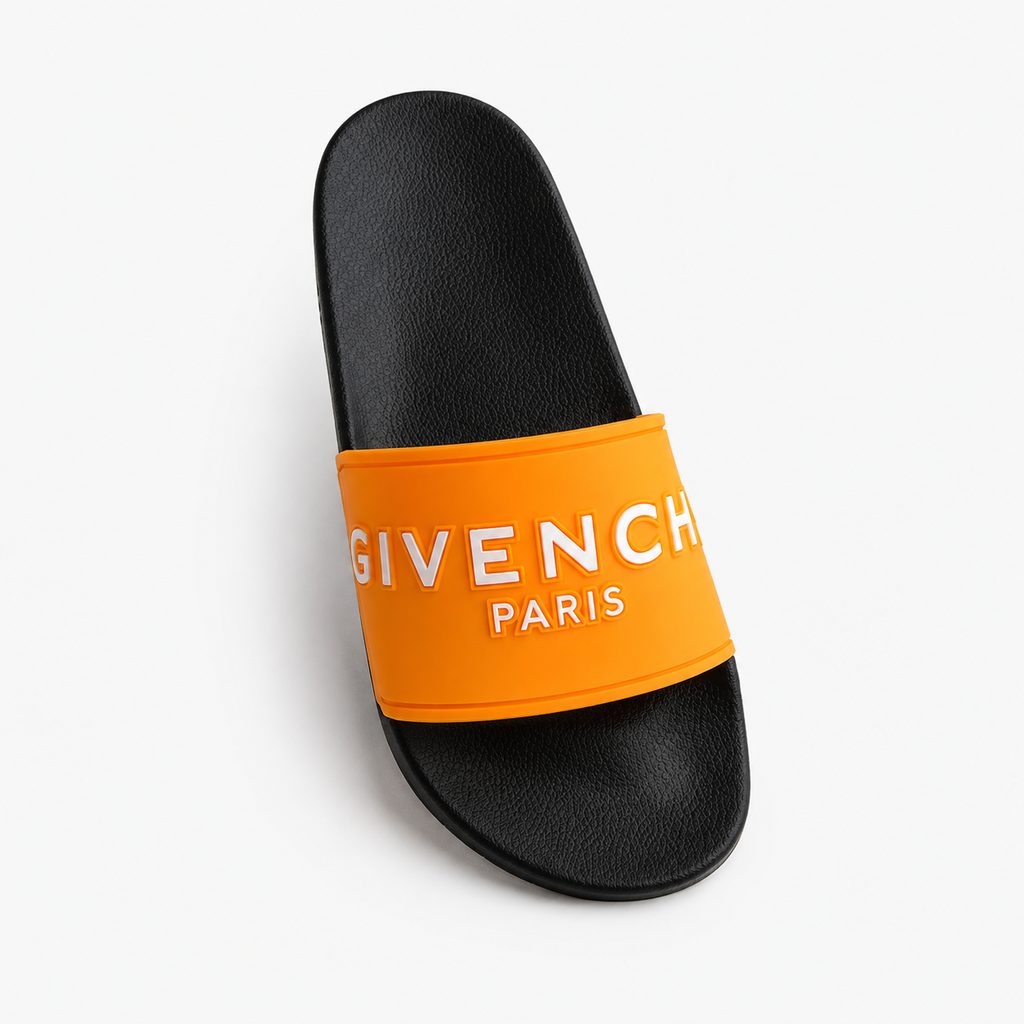 Givenchy Embossed Letters Trendy Cool Orange & Black Slide Sandals