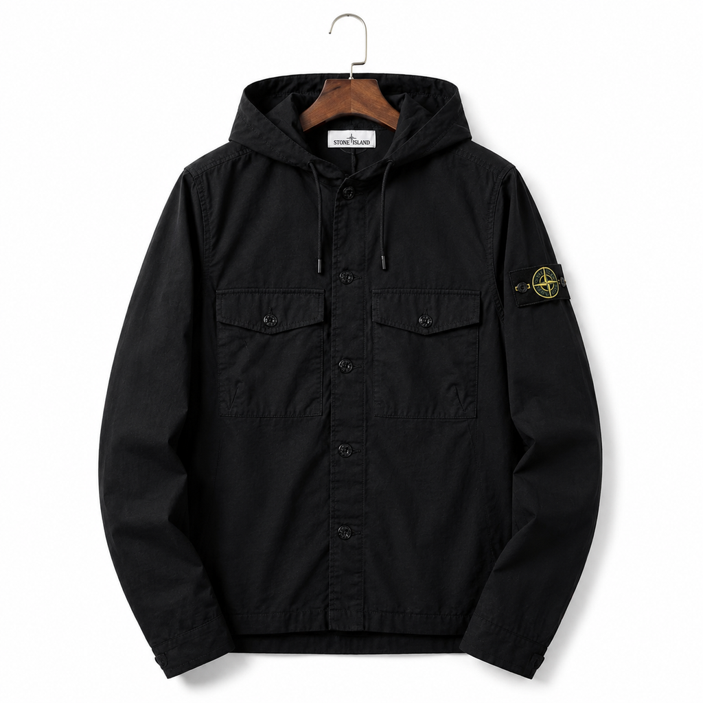 Stone Island Workwear Style Black Hooded Coat