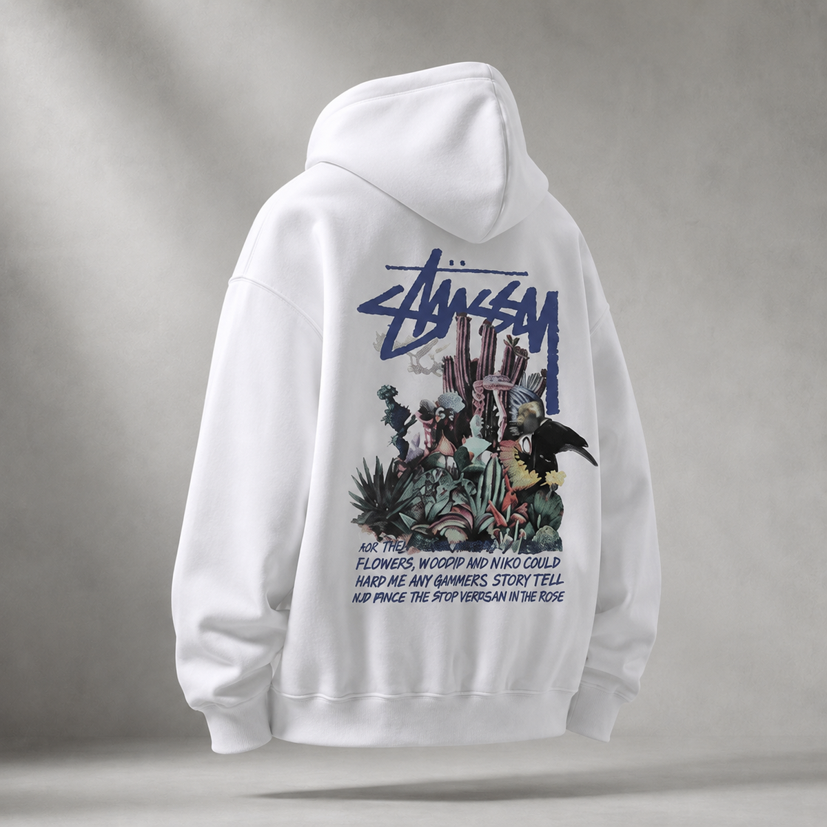 Stussy-printed trendy white hoodie