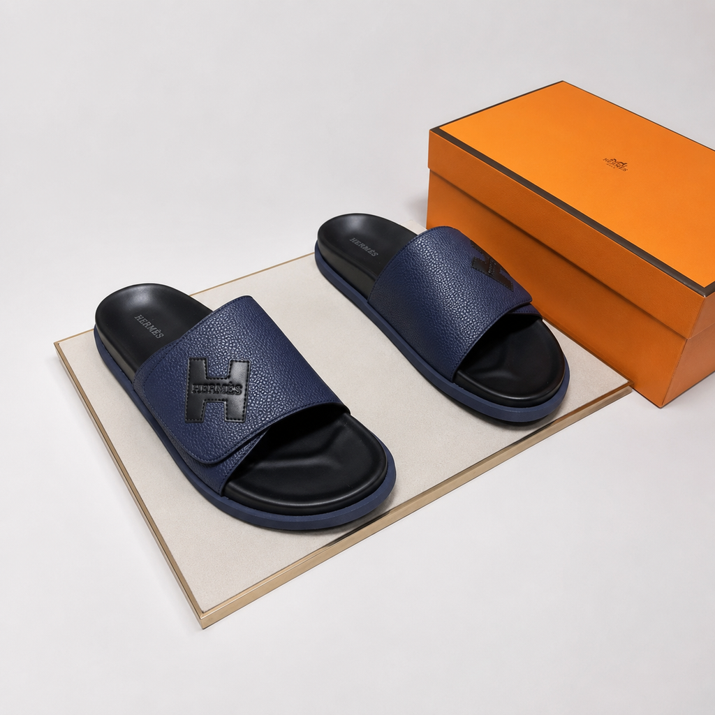 Hermès H Series Light Luxury Style Dark Blue Slides