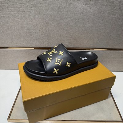 Louis Vuitton Classic Monogram Light Luxury Black and Gold Slide Sandals