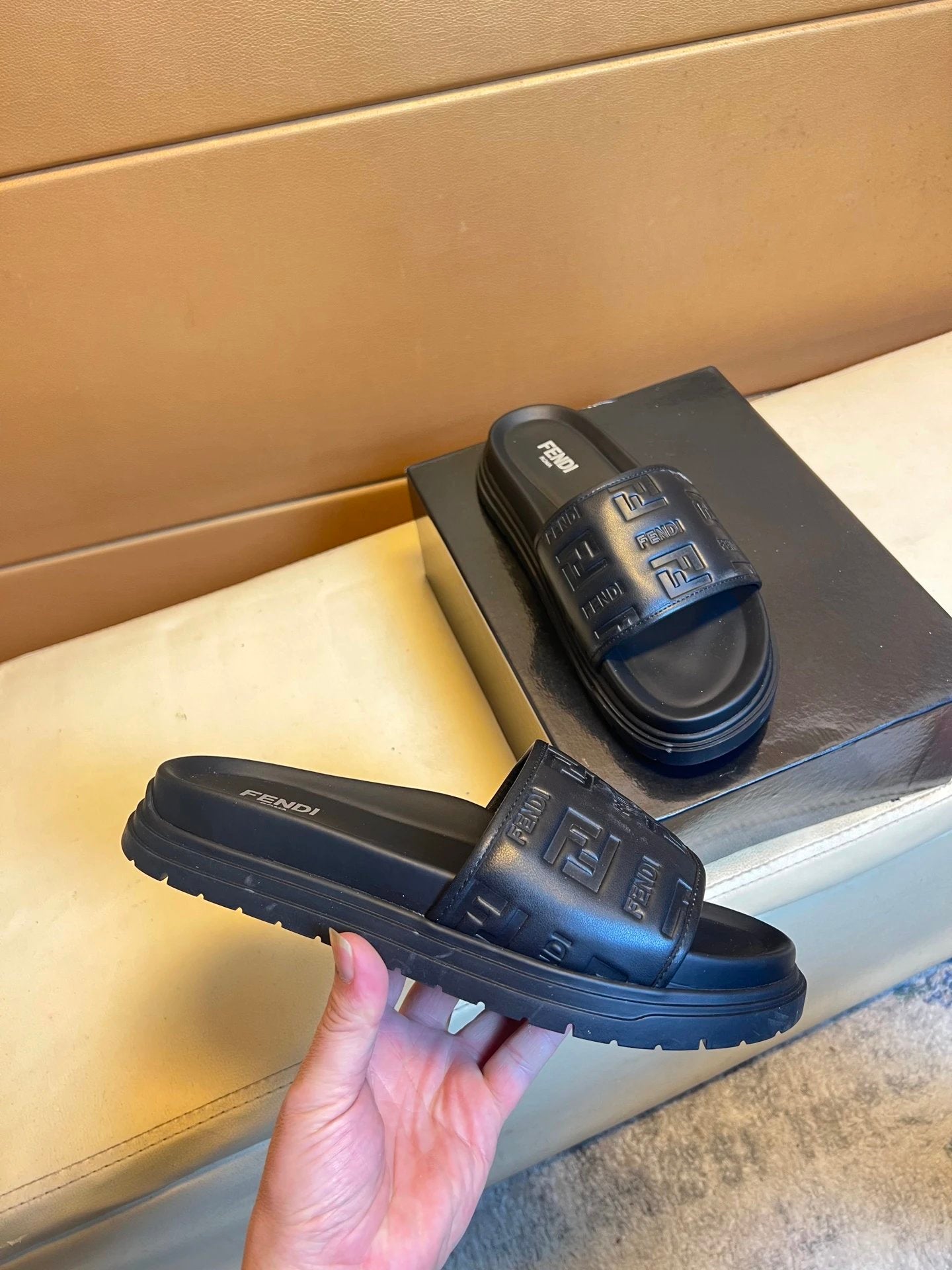 Fendi FF Collection Light Luxury Style Black Slides