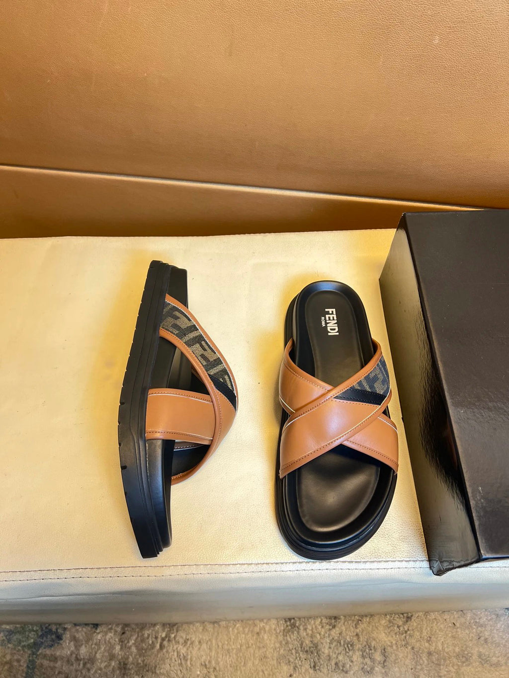 Fendi FF Monogram Casual Style Brown Slides