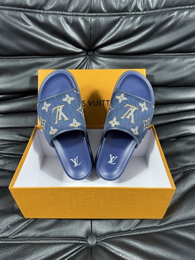 Louis Vuitton Classic Monogram Vintage Style Blue Slide Sandals