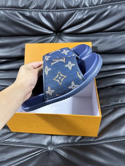Louis Vuitton Classic Monogram Vintage Style Blue Slide Sandals